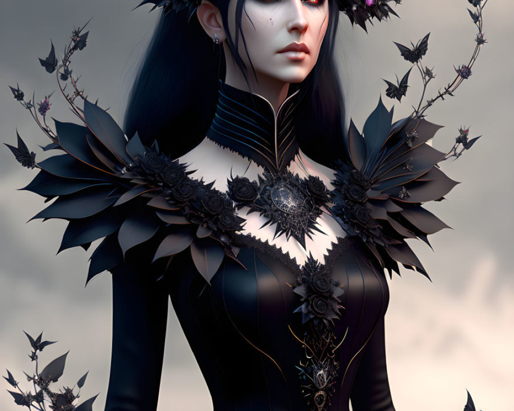 Digital Artwork: Pale-skinned woman in gothic attire with dark roses and thorns