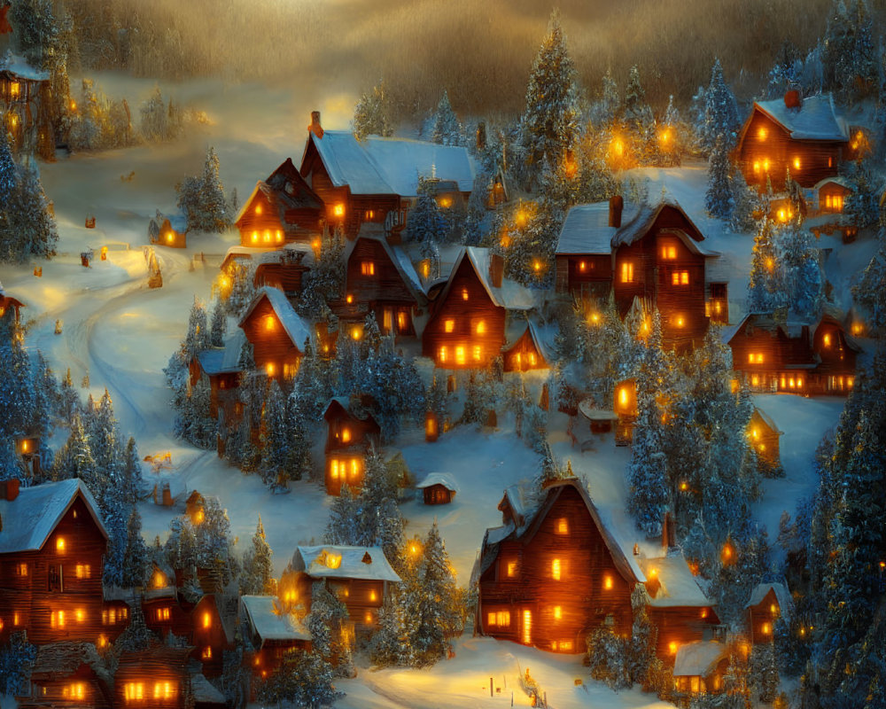 Snow-covered cabins in forest under golden sunset - serene winter scene