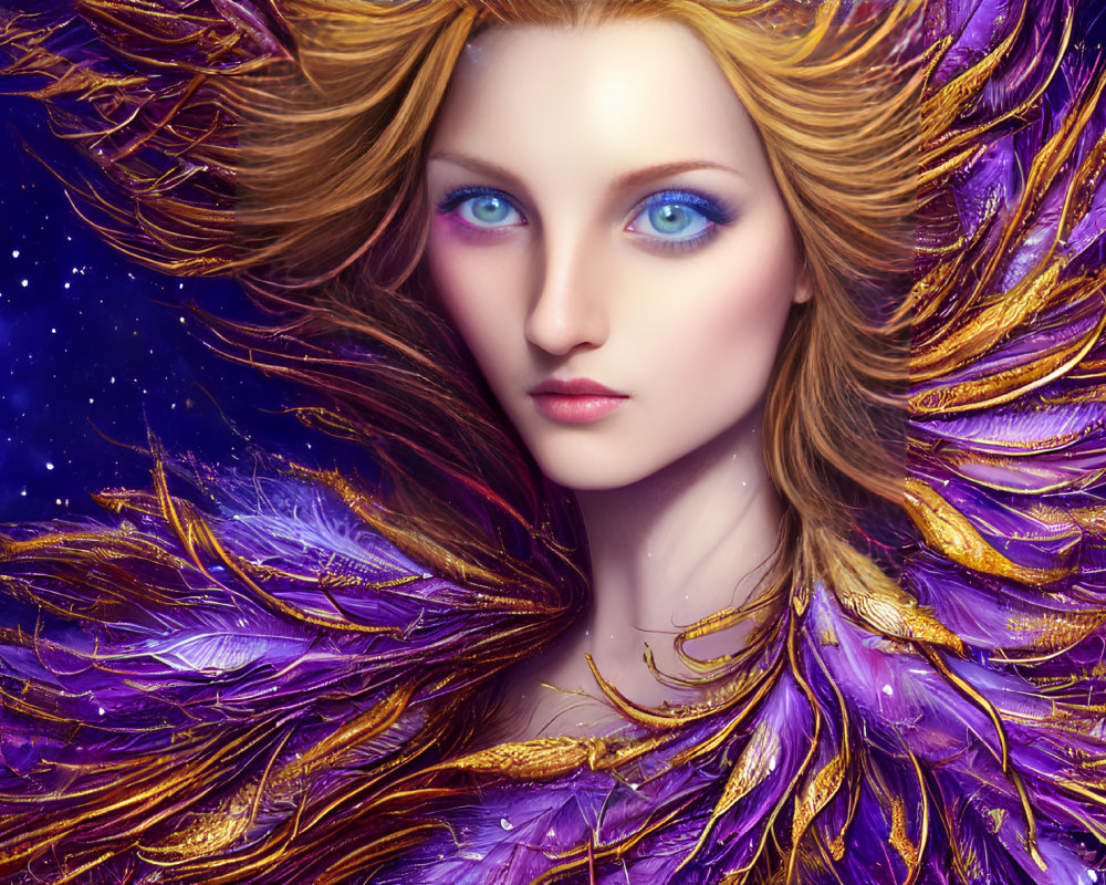 Illustration of woman with golden hair and feather adornments on starry background