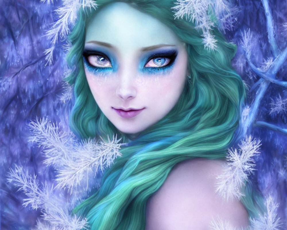 Fantasy character with teal hair, blue eyes, frost, snowflakes