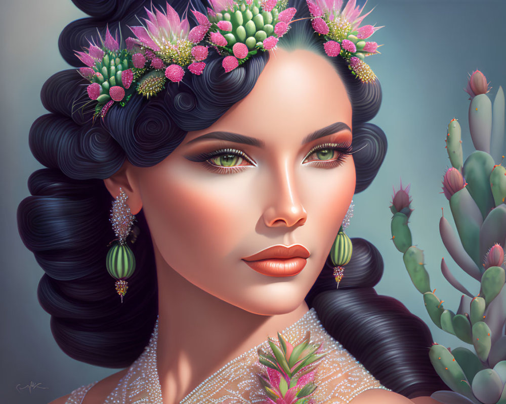 Detailed illustration of woman with curly dark hair adorned with pink flowers, greenery, earrings, set against