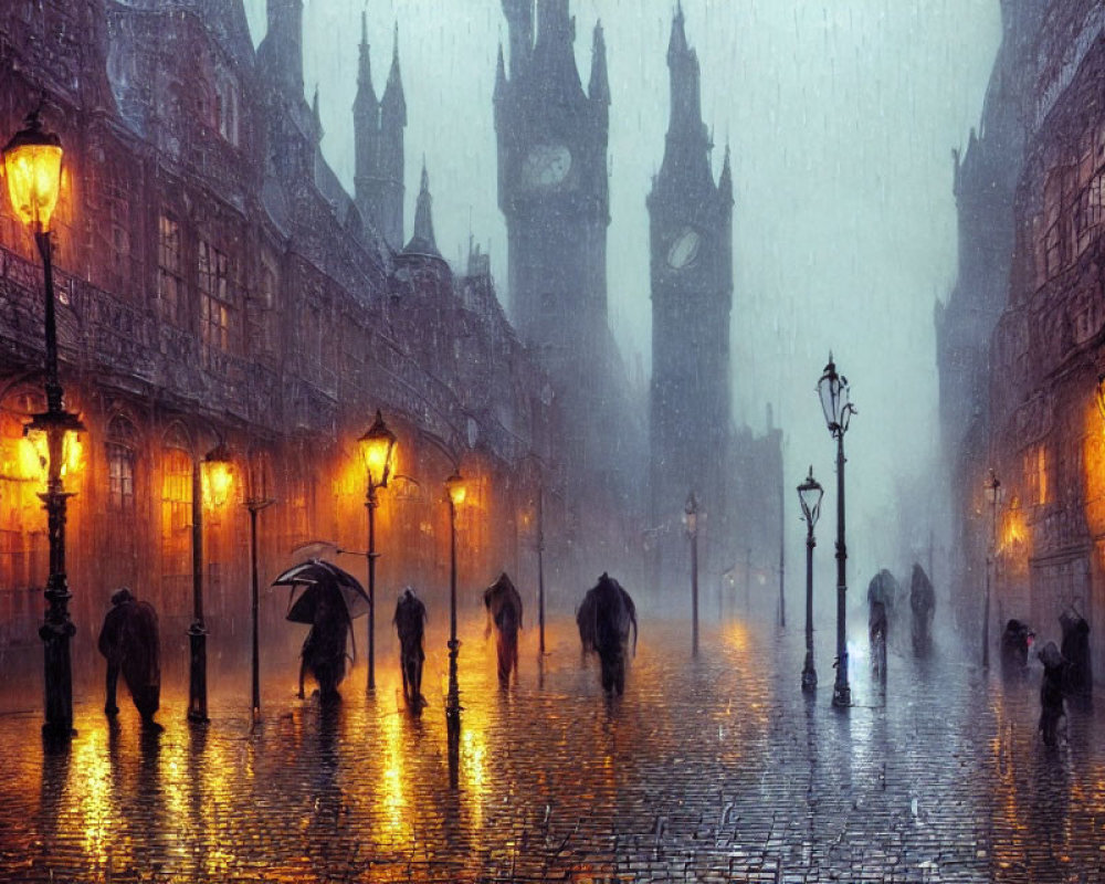 Rainy cobbled street with people holding umbrellas