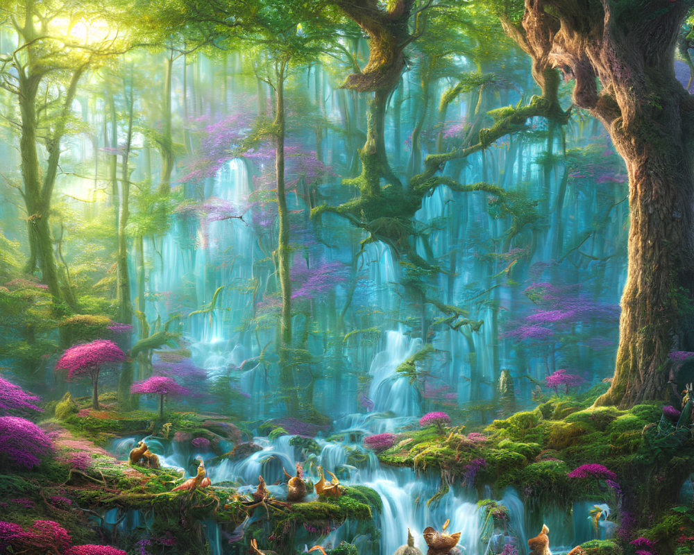 Enchanting forest with towering trees, waterfalls, pink flora, and radiant light beams