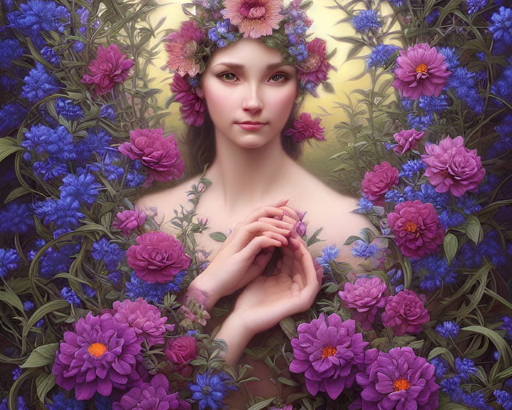 Floral Crown Woman Surrounded by Purple and Blue Flowers