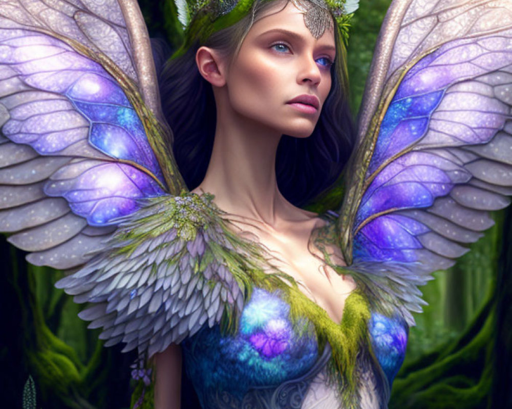 Detailed digital fairy art with translucent wings in lush forest setting