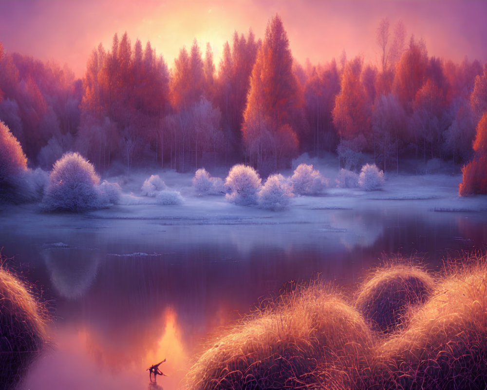 Tranquil autumn sunrise over colorful forest and still lake