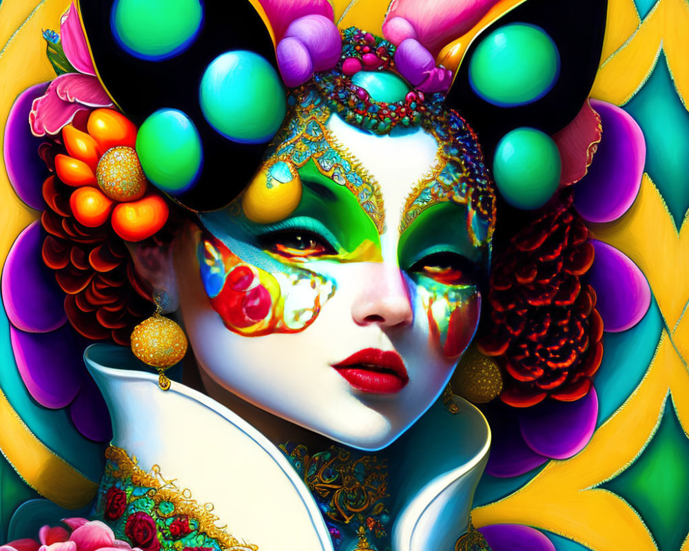 Colorful surreal portrait of a woman with ornate headdress and makeup