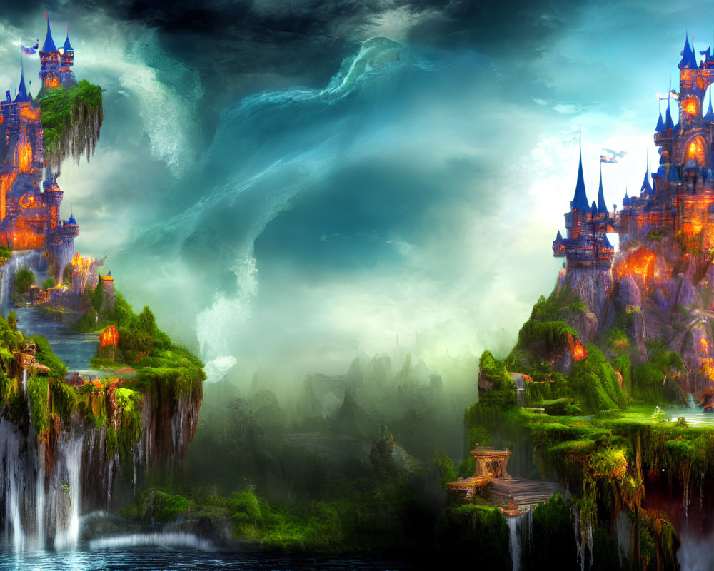 Majestic castles on green cliffs with waterfalls in glowing landscape