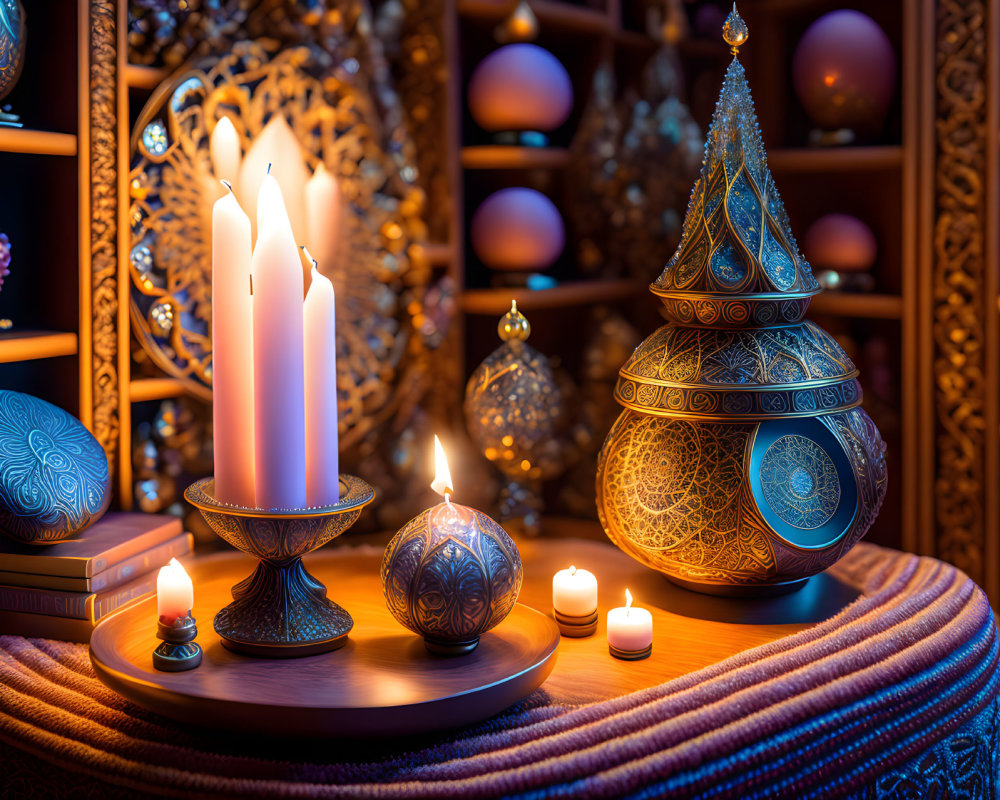 Ornate Setting with Lit Candles, Decorative Spheres, and Metalwork in Warmly