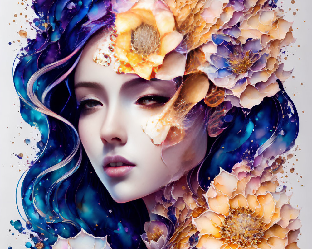 Vibrant blue and purple hair with golden flowers in surreal portrait