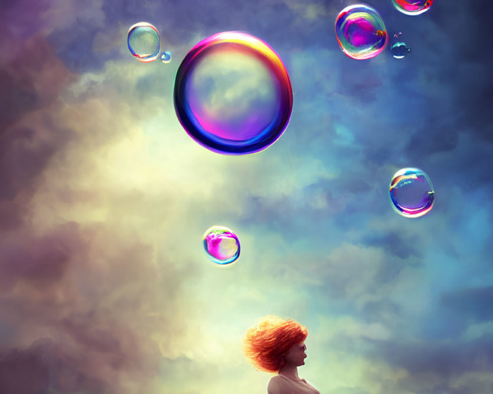 Woman in flowing dress gazes at colorful iridescent bubbles in dreamlike setting