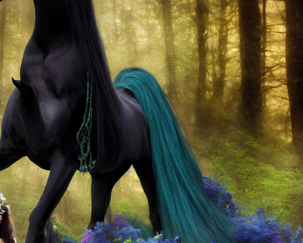 Majestic black horse with teal mane in vibrant floral setting