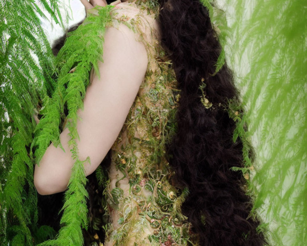 Long-haired woman in green gown among ferns with subtle smile