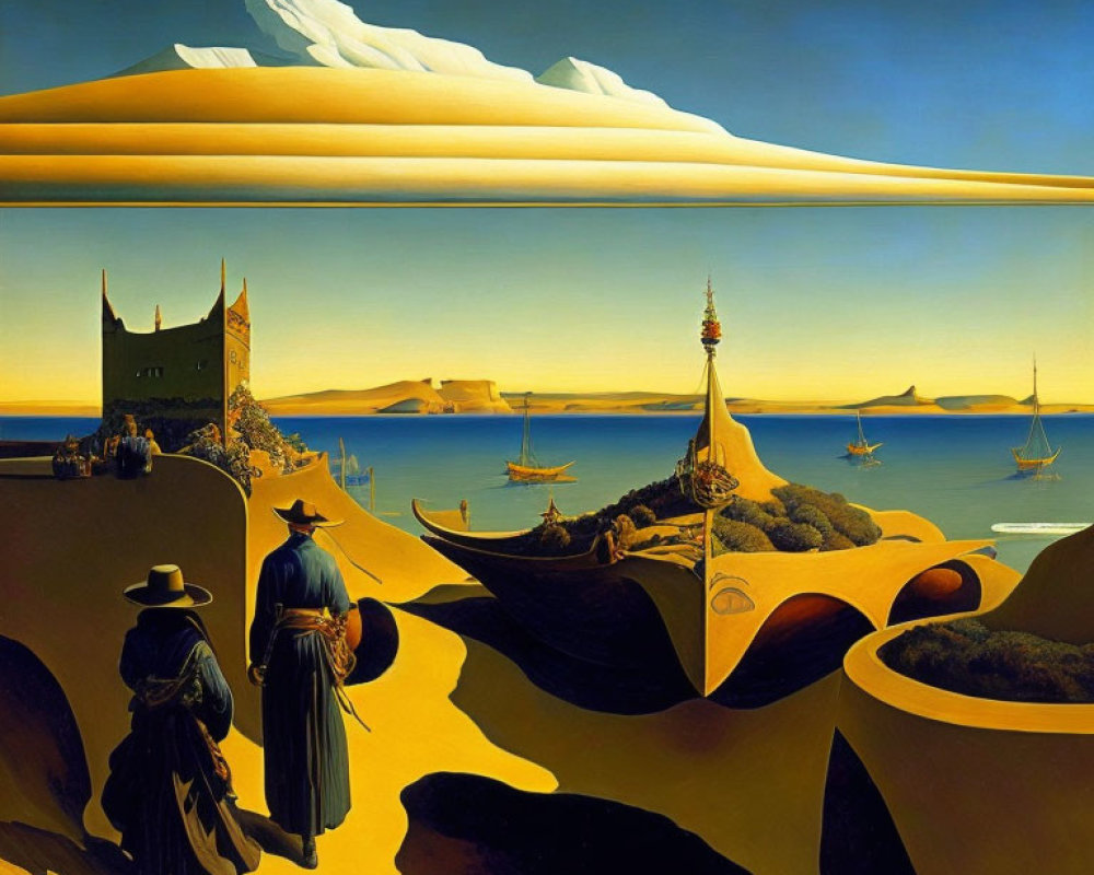 Surrealist desert landscape with figures, towers, boats, and cumulus clouds