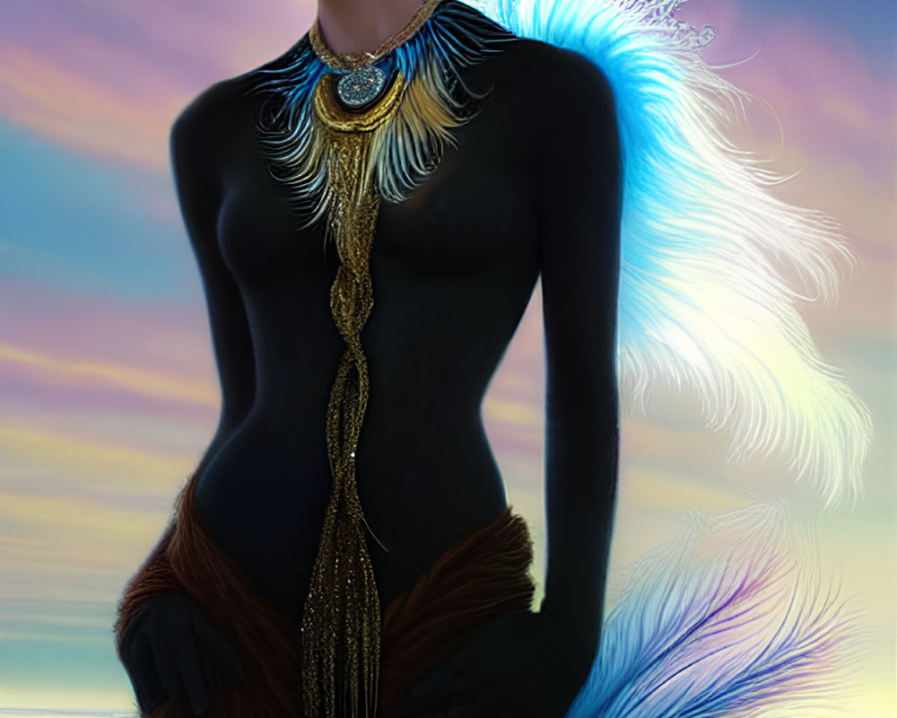 Digital Artwork: Woman with Peacock Design and Sunset Background