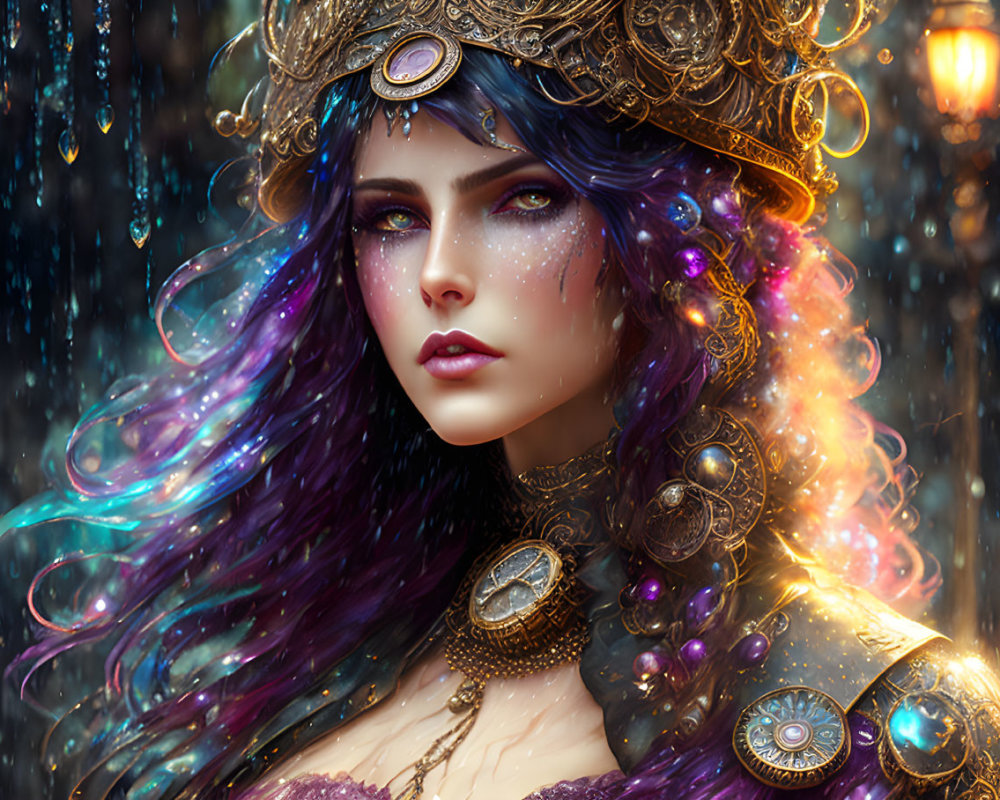 Ethereal woman with multicolored hair and golden headwear in rain-soaked setting