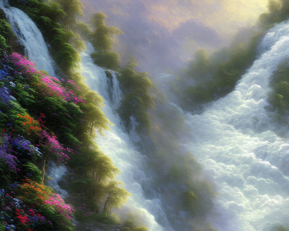 Tranquil waterfall in lush landscape at sunrise or sunset