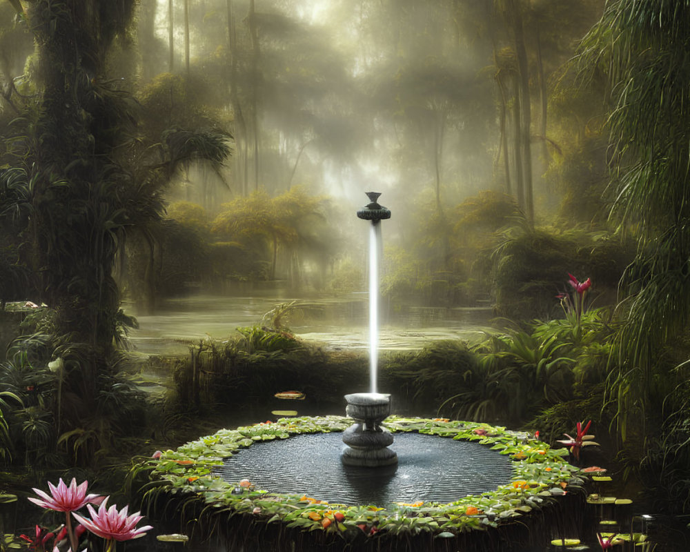 Mystical garden with central fountain and pink water lilies