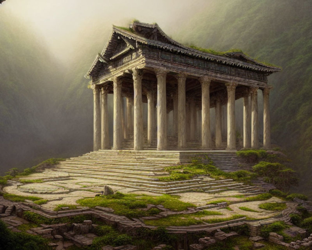 Misty forest scene with ancient temple and classical columns