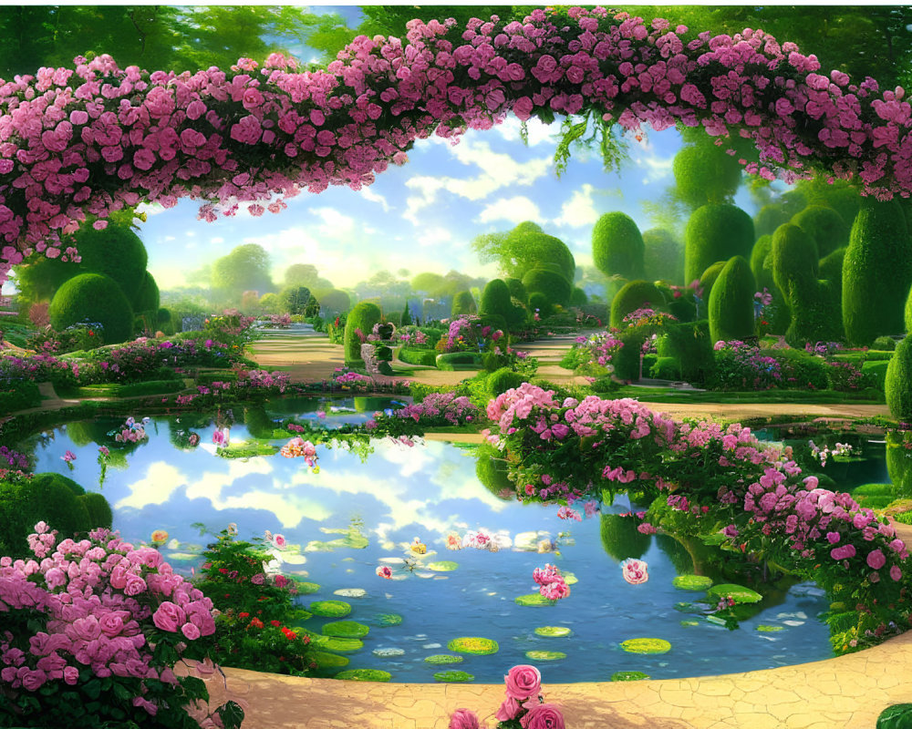 Serene garden with pink rose archway, pond, and clear sky