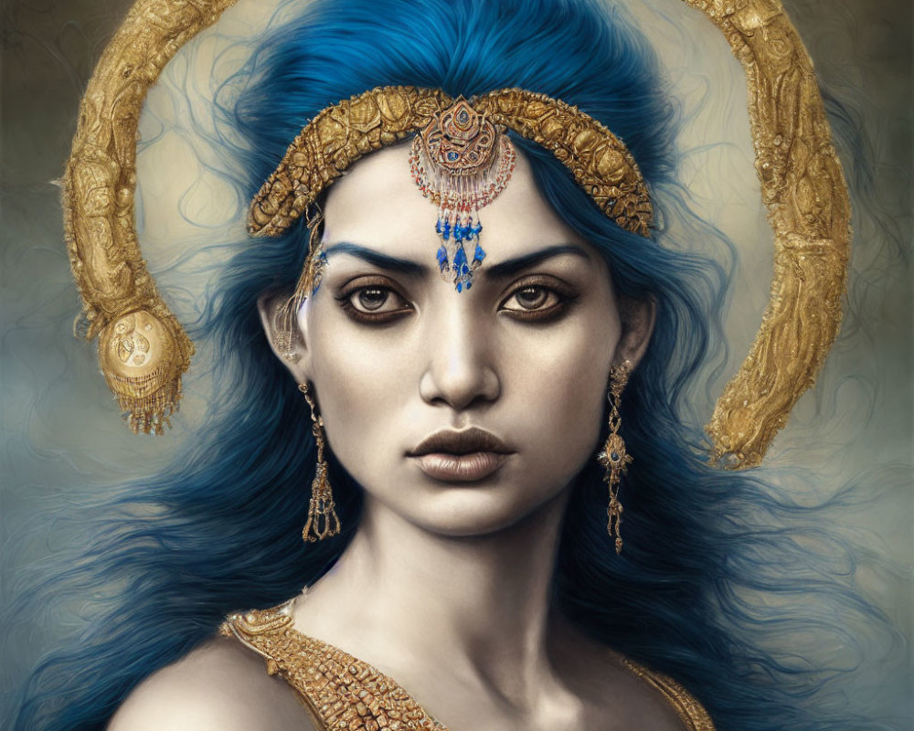 Digital artwork featuring person with blue hair, gold jewelry, and horn-like adornments