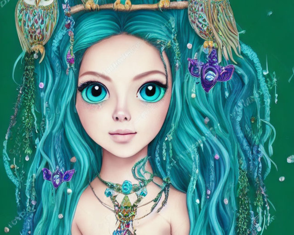 Illustration: Girl with Blue Eyes and Teal Hair Decorated with Owls and Butterflies