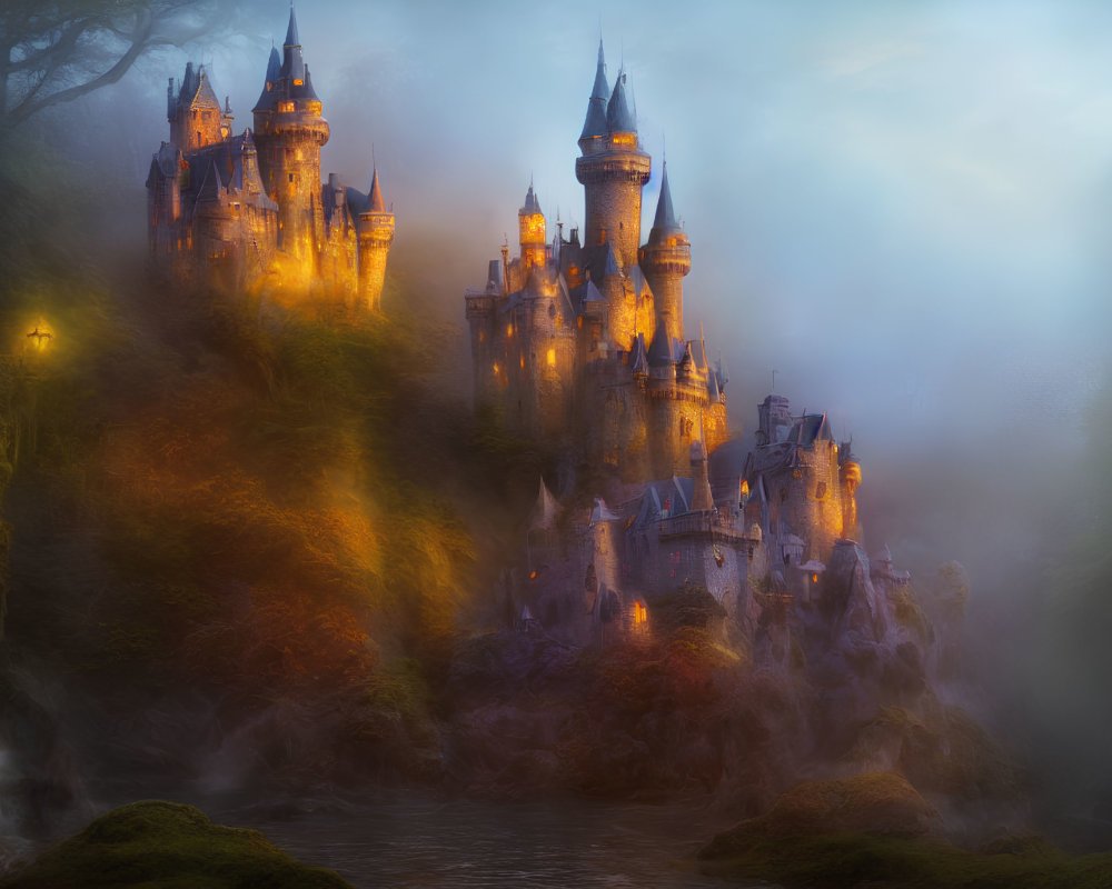 Mystical castle in warm light amid mist and greenery