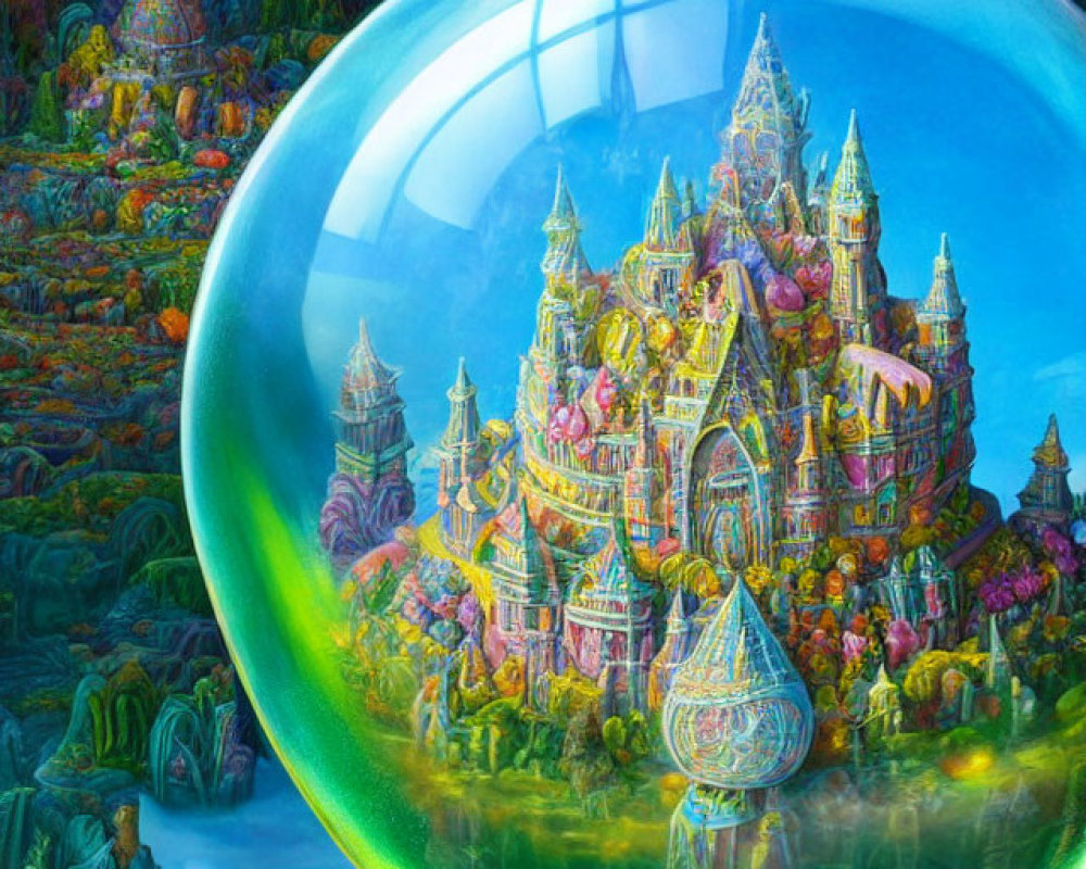 Detailed fantasy artwork: whimsical castle in a bubble with colorful landscapes.