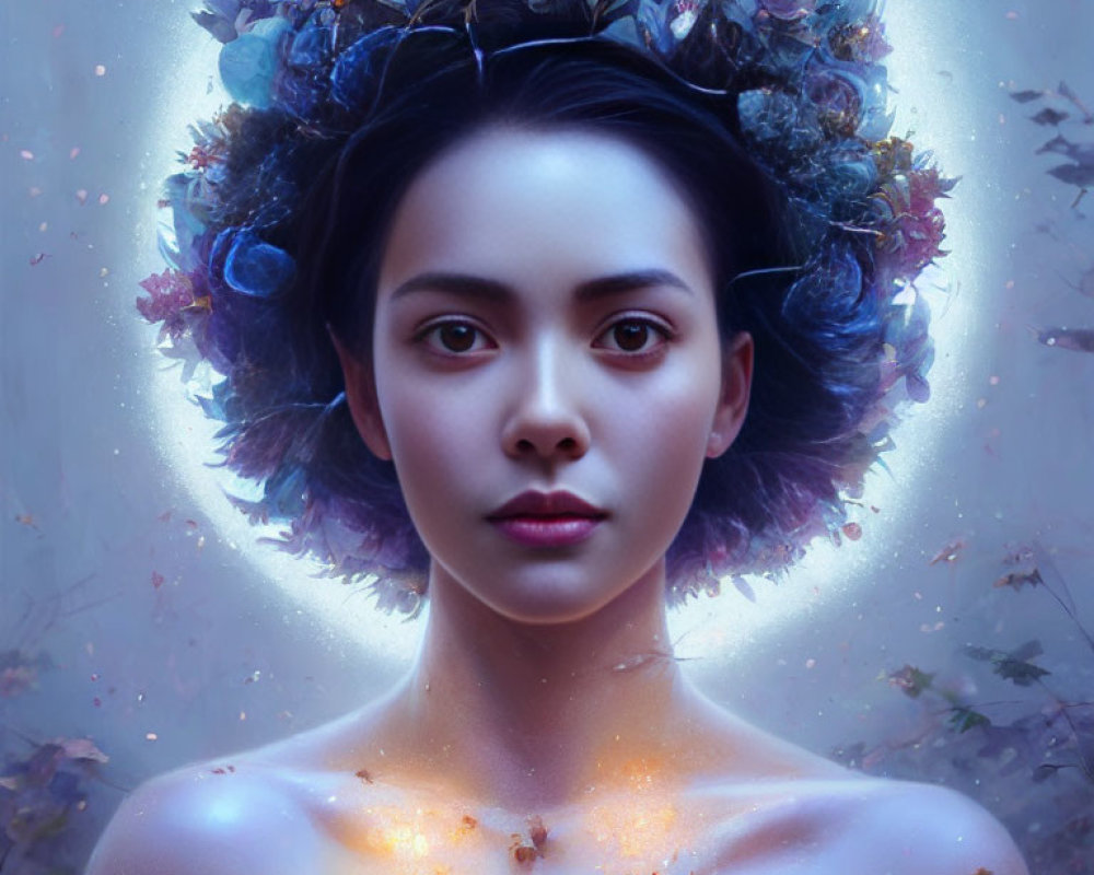 Ethereal digital art portrait of a woman with floral wreath