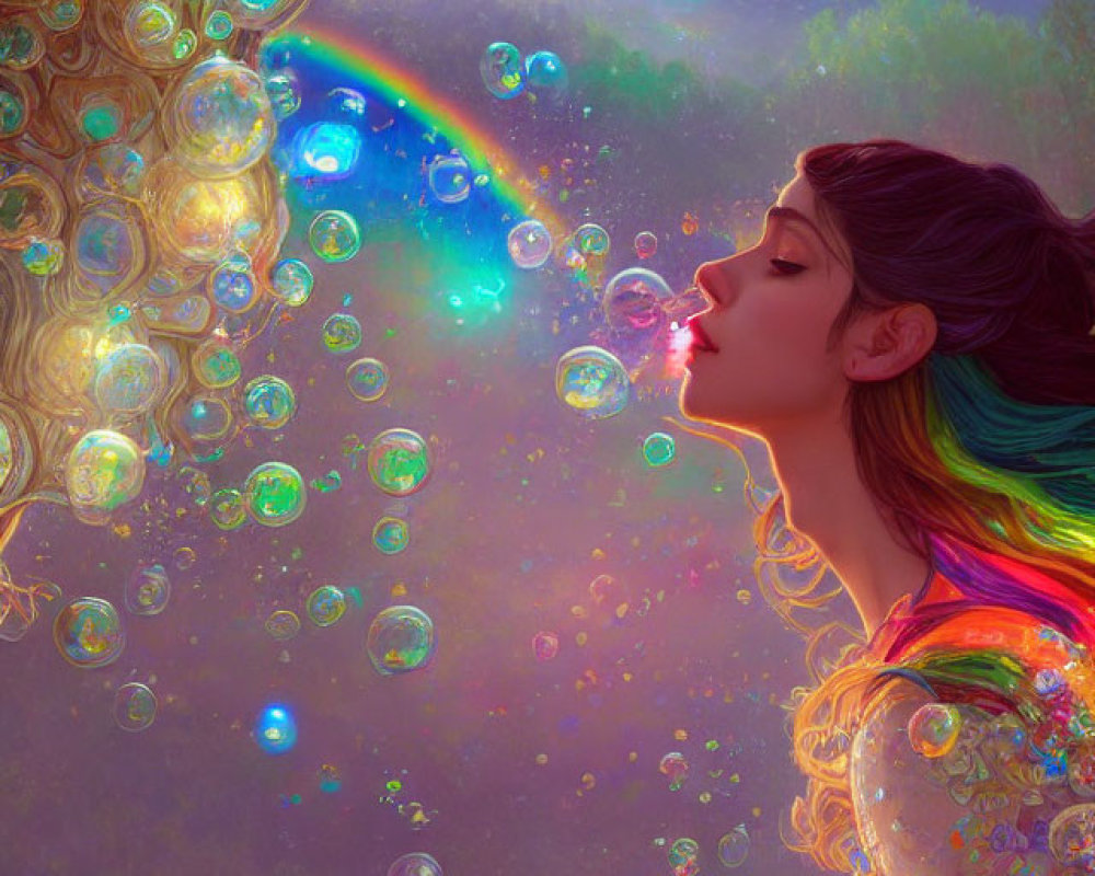 Colorful-haired woman blows iridescent bubbles in dreamy landscape