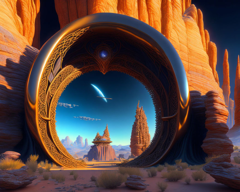 Fantastical landscape with circular gateways in desert rock formations under a blue sky with a comet.