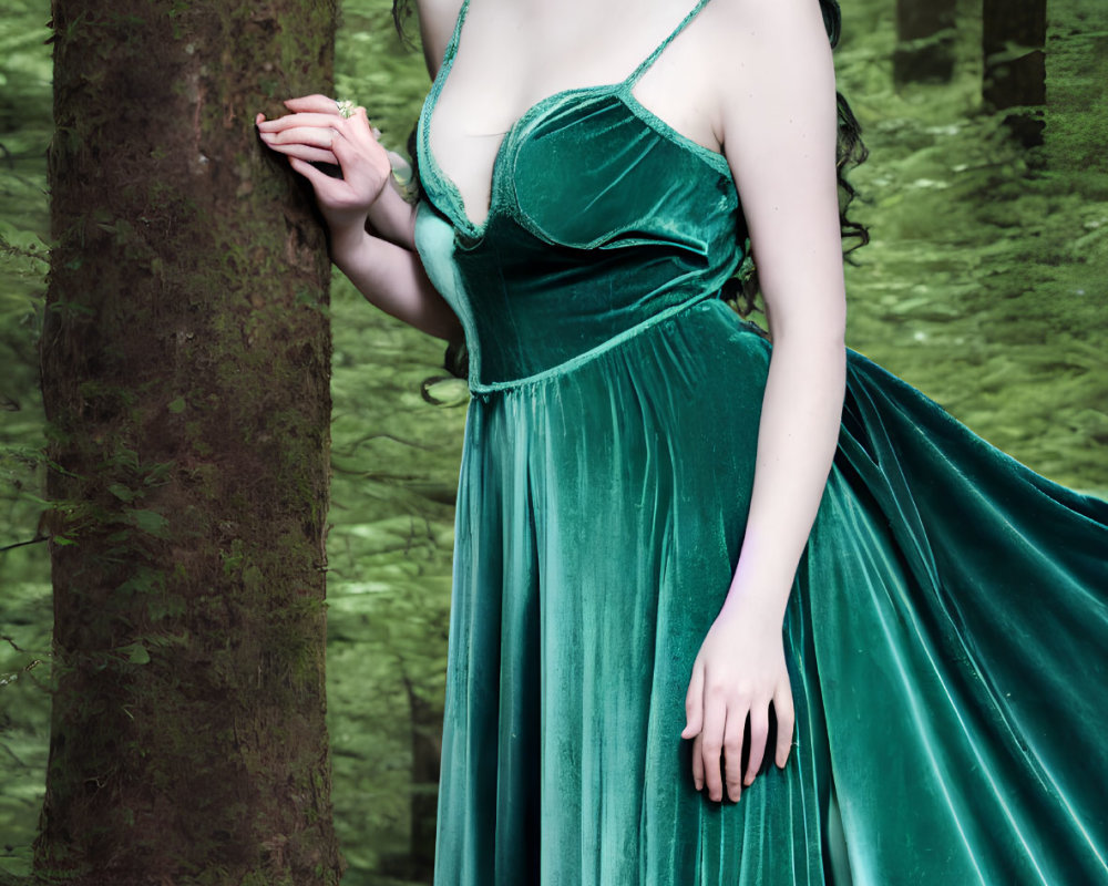 Green-haired woman in velvet emerald gown and floral crown in forest