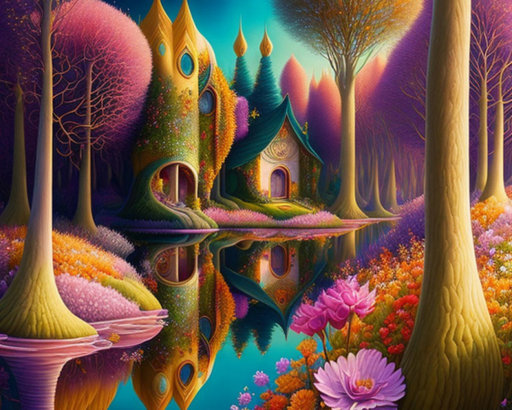 Colorful Fantasy Landscape with Whimsical Houses and Reflective Water