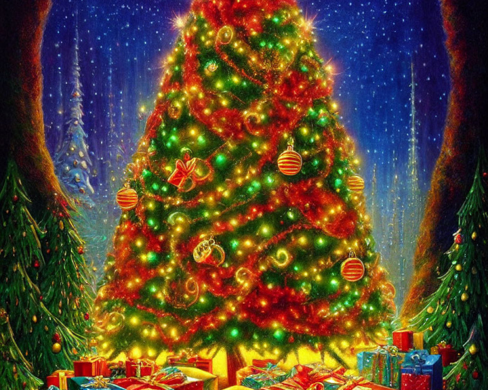 Colorful Christmas tree with presents in festive glow