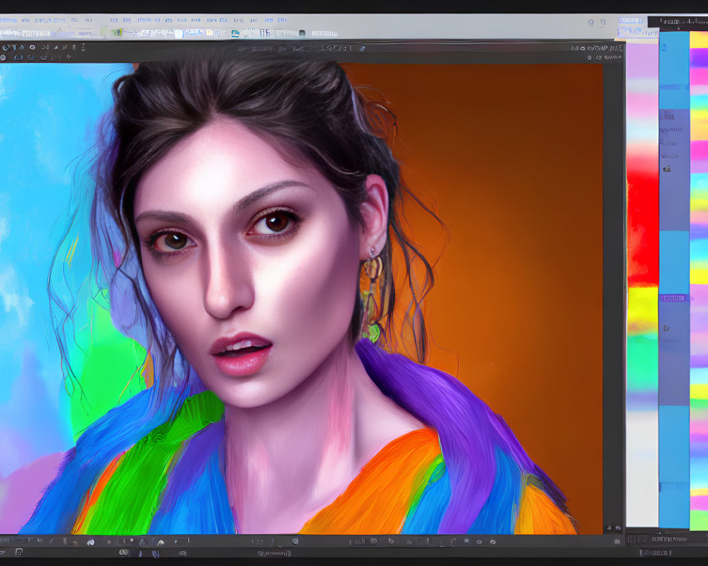 Digital portrait of woman with brown hair and bold makeup in graphic software interface.