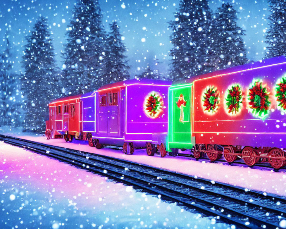 Neon-Lit Holiday Train on Snowy Tracks