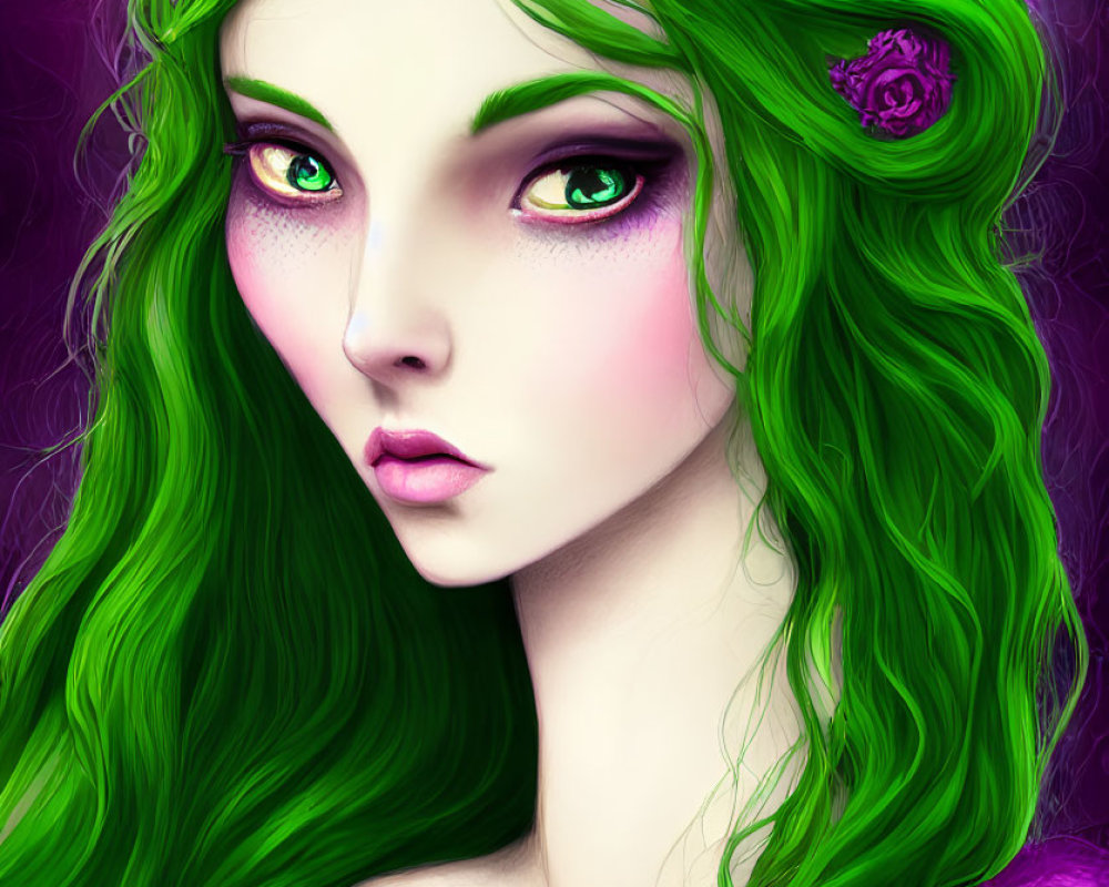 Vivid green hair woman portrait with purple flowers on purple background