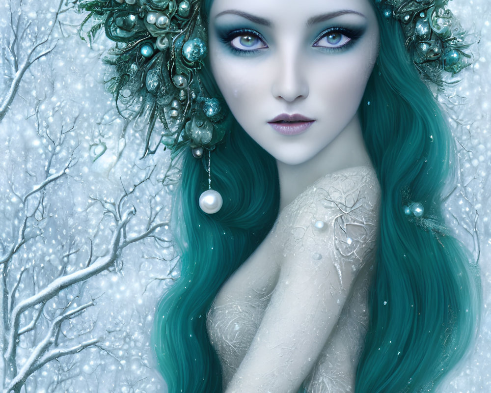 Woman with Blue-Green Hair and Crown in Snowy Forest