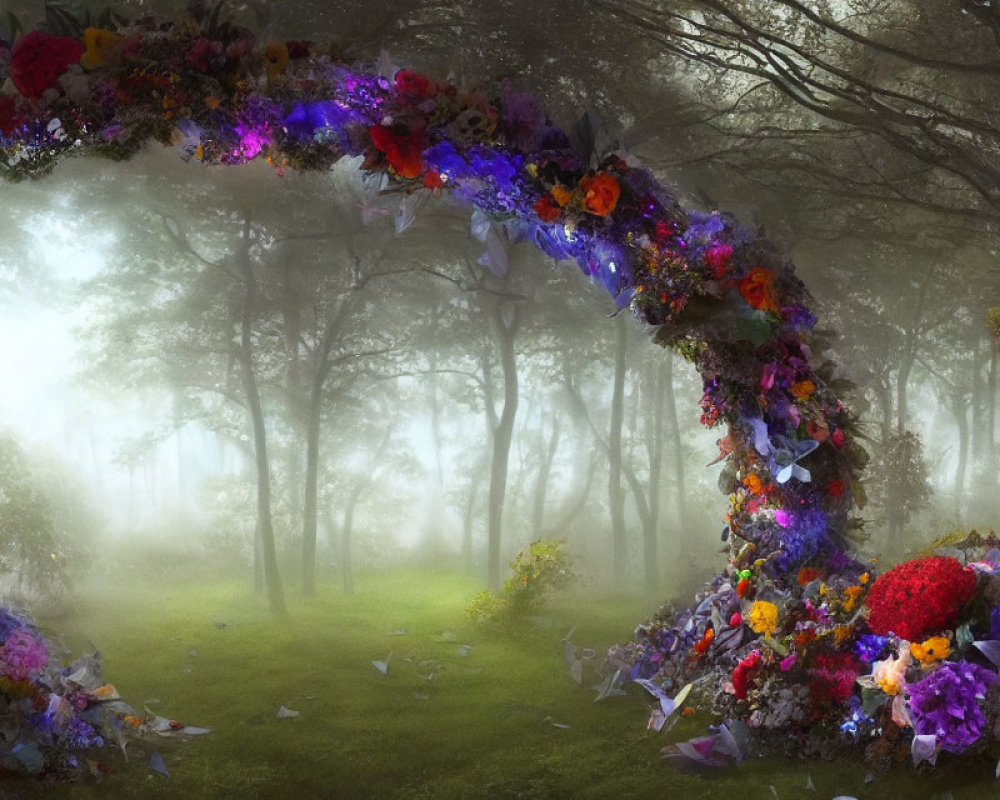 Vibrant Floral Arches in Enchanting Forest Pathway