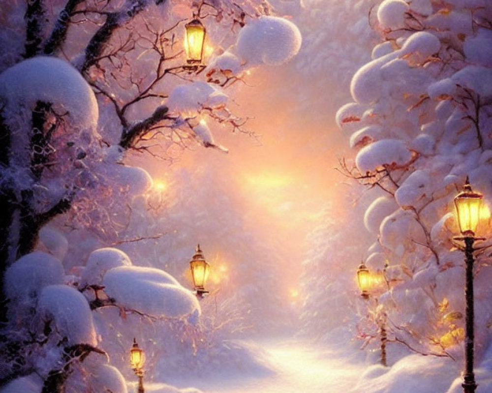 Snowy Path with Snow-Covered Trees and Glowing Street Lamps in Warm Light