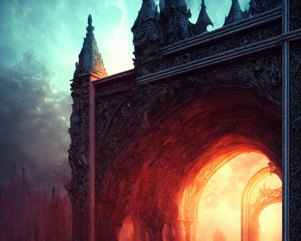 Gothic archway frames fantastical landscape with glowing sky