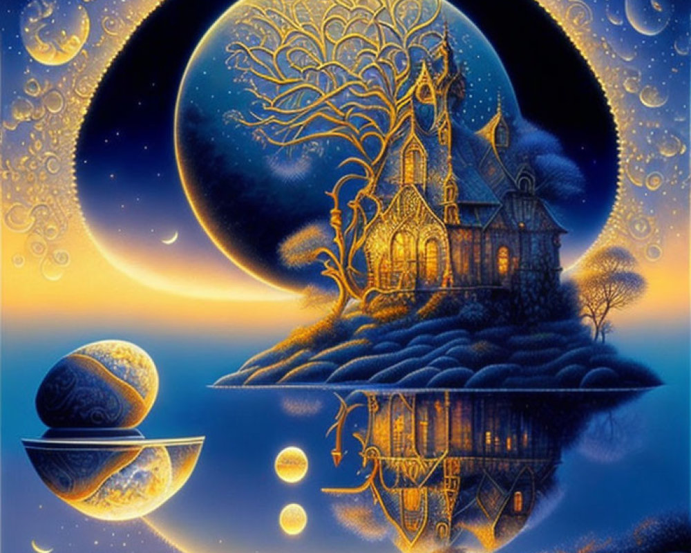 Enchanting nightscape with glowing house, moon-shaped tree, and multiple moons.