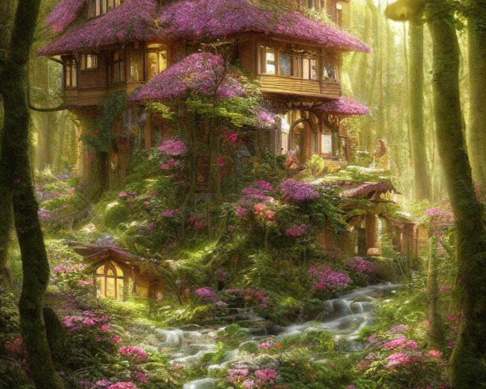 Wooden cottage with purple flowers in forest stream sunlight