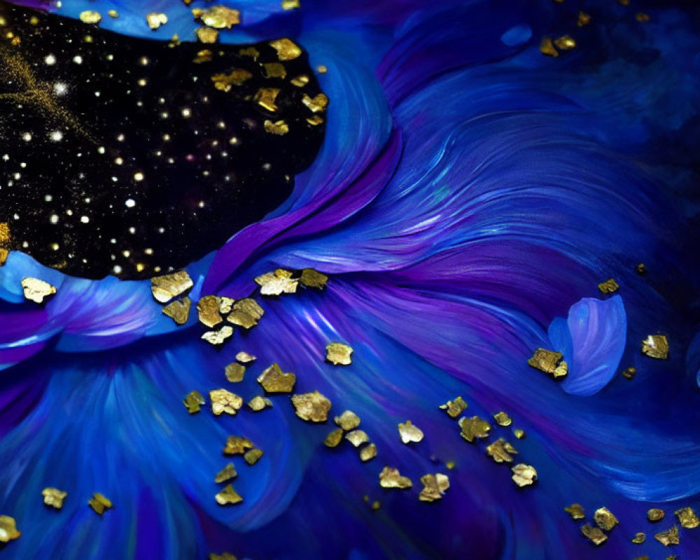 Abstract Cosmic Painting with Blue, Violet, Gold Leaf, Black Space, White Stars