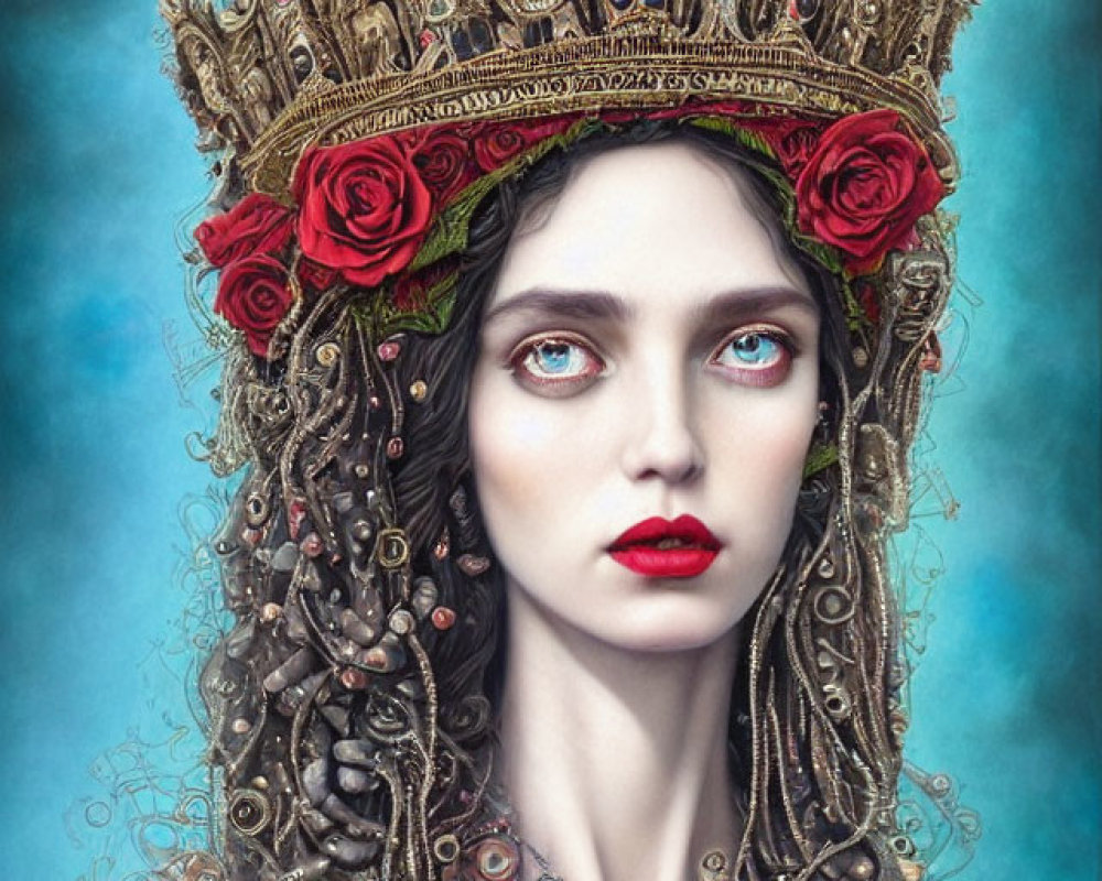 Piercing Blue-Eyed Woman in Crown with Roses on Blue Background