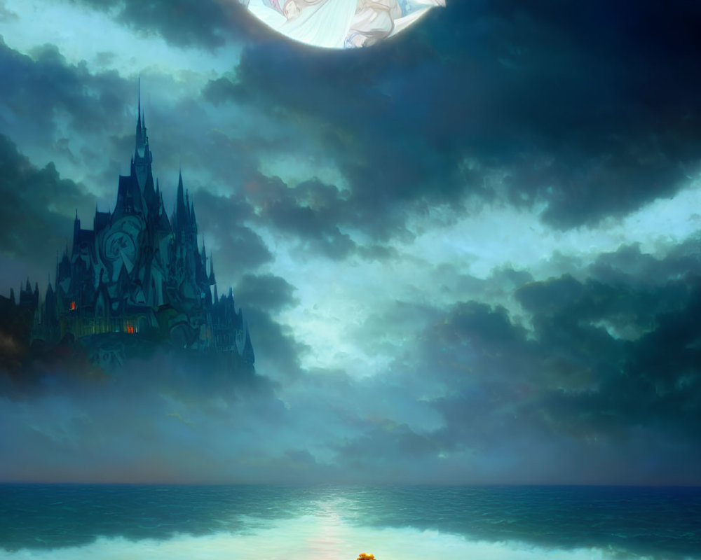 Moonlit Waterbody Scene: Person on Rock Gazing at Luminous Full Moon, Castle,