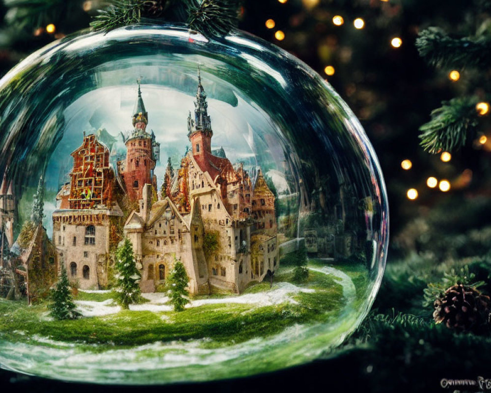 Miniature castle in snow globe with festive greenery and twinkling lights