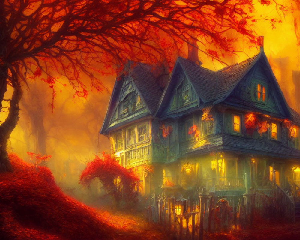 Victorian-style house in autumn setting with mystical Halloween vibe