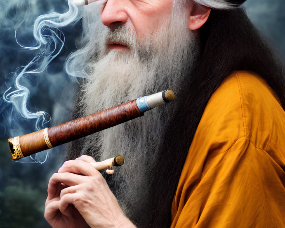 Elderly man with gray beard and top hat smoking a cigar in yellow shirt