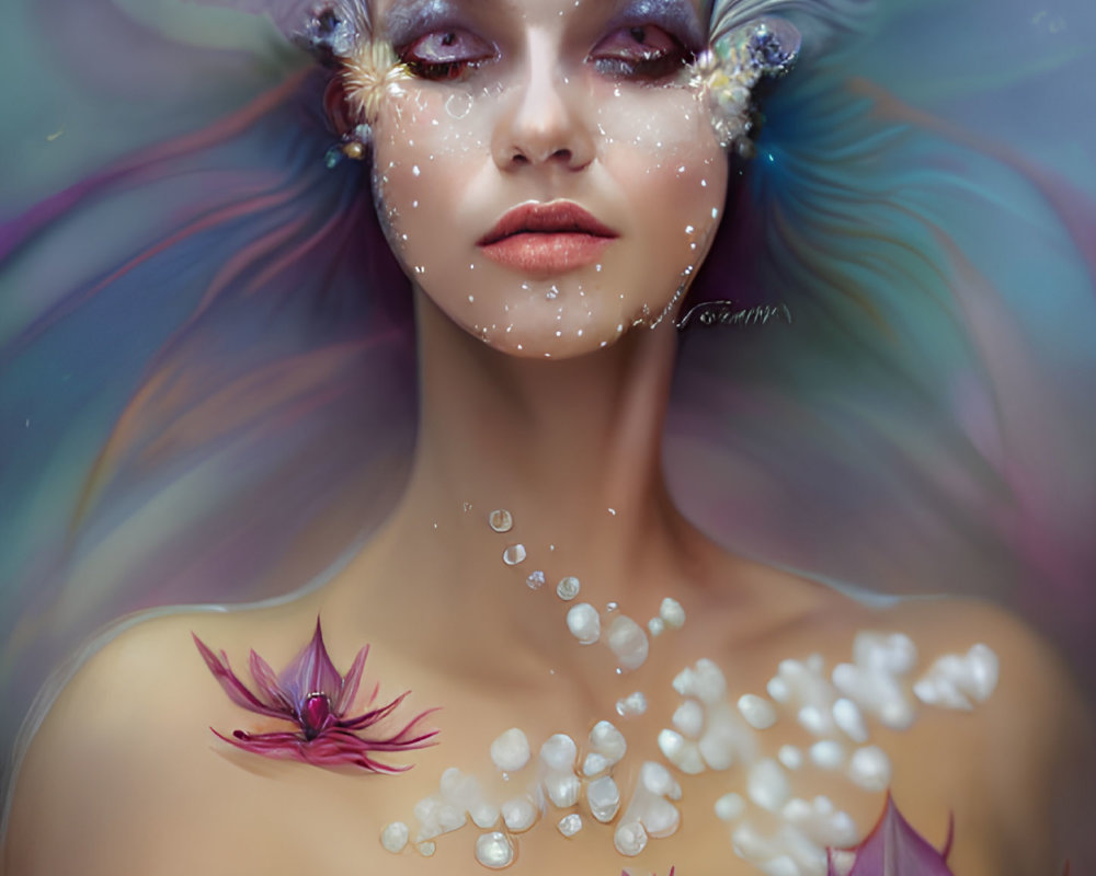 Ethereal woman portrait with flowers, pearls, and shimmering accents